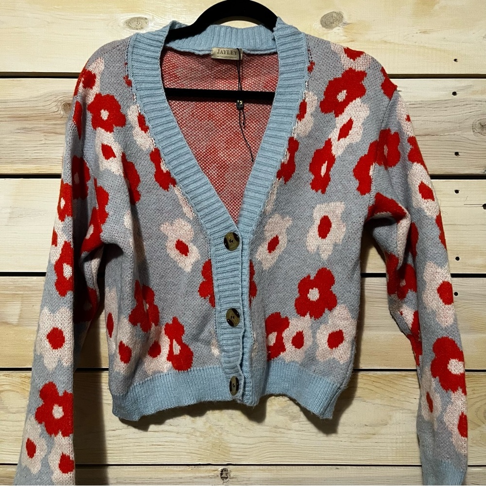 Women's Red and Blue Floral V-Neck Crop Cardigan - Picture 2 of 8